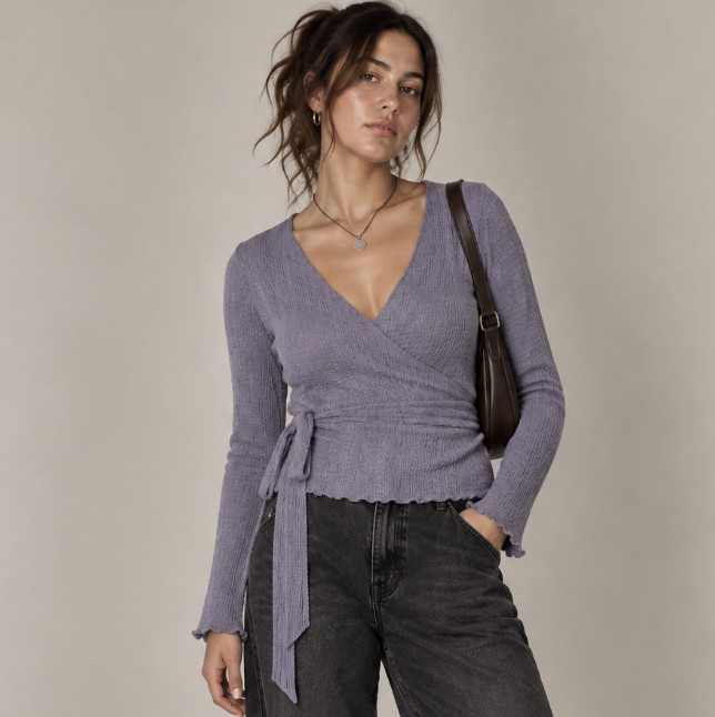 Pilcro Wrap Top Womens Large Purple Textured Tie Waist V-Neck Long Sleeve Ballet