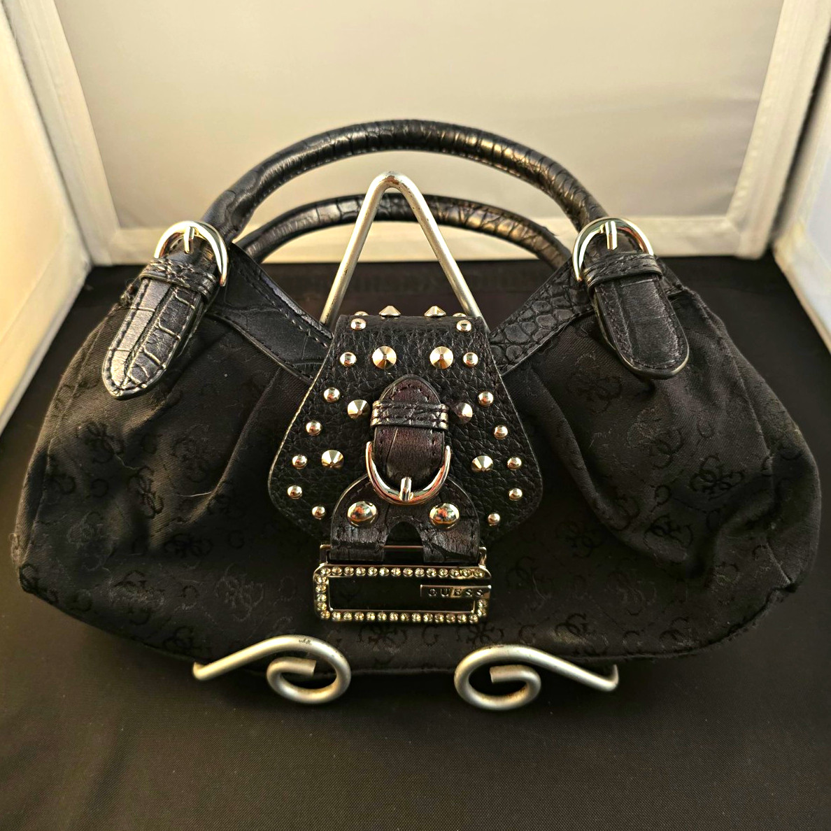 Vintage Y2K Guess Black Monogram Studded Rhinestone G Buckle Shoulder Bag Mini