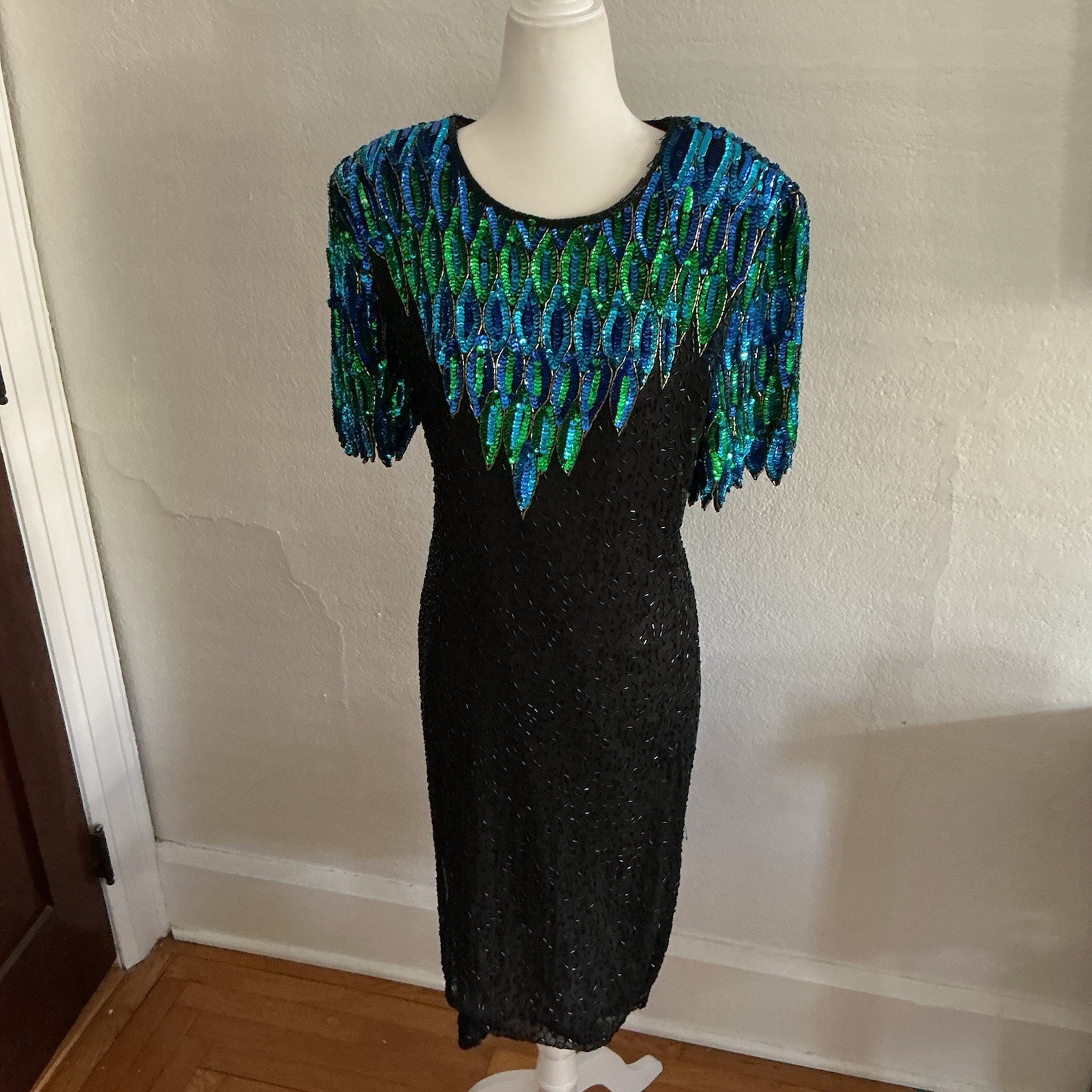 Vintage Stenay Silk Beaded Sequin Peacock Dress Black Blue Green Glam 10 M NWT