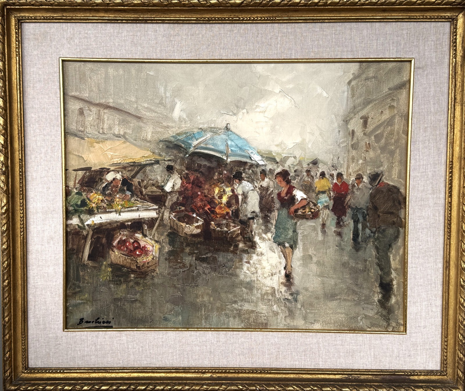 VTG c 1960s European School Orig. Impressionistic O/C Marketplace Signed Buchien