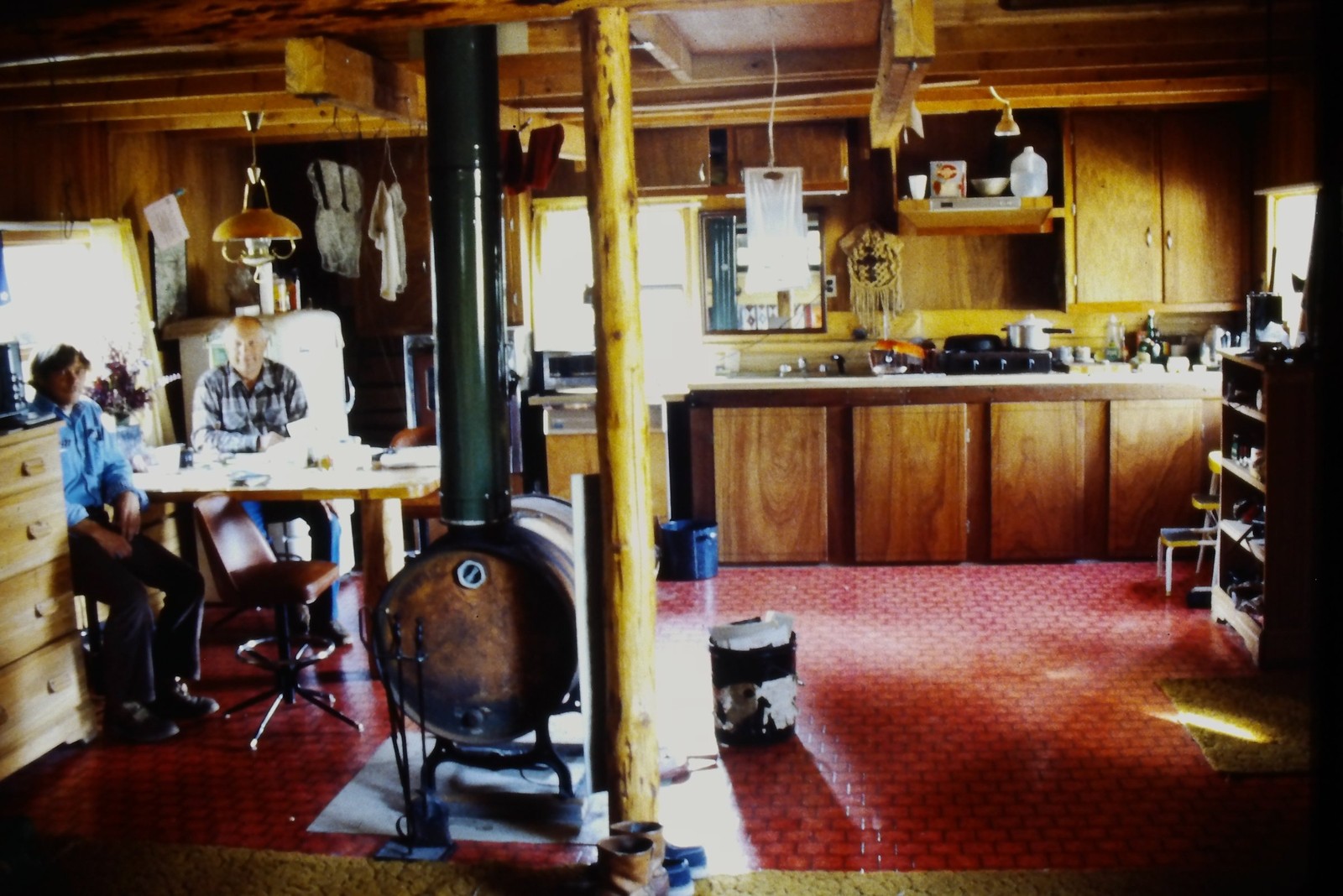 c1970's Kodachrome 35mm Slide, Rustic Cabin Interior Wood Stove Kitchen blue