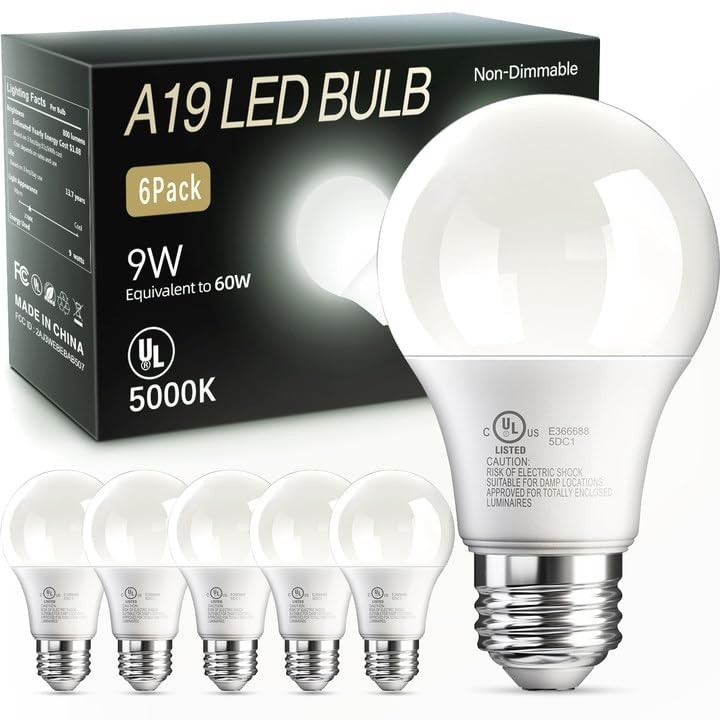 24 Pack LED A19 Bulb 9W 60W Equivalent Non Dimmable 5000K Daylight Medium E26 24 Pack LED A19 Bulb 9W 60W Equivalent Non Dimmable 5000K Daylight Medium E26