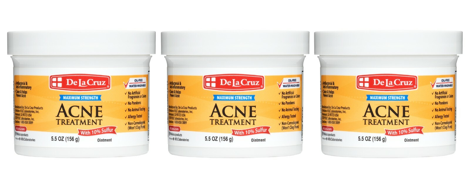 De La Cruz 10% Sulfur Ointment Acne Medication, 3 JUMBO JARS 5.5 OZ Exp 08/28
