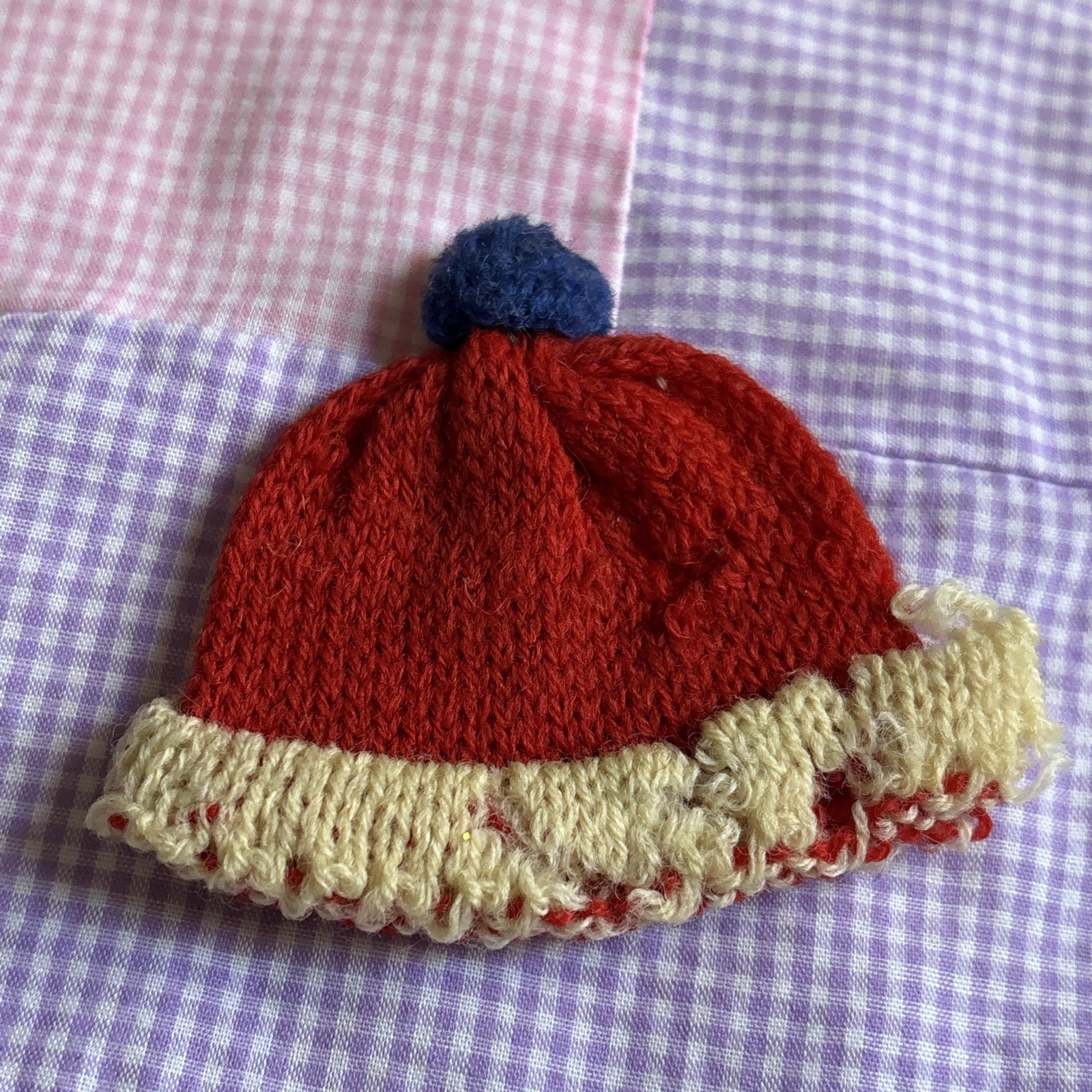 2.5” Vintage Doll Rare Beanie Knit Hat Red Blue White Fair Condition