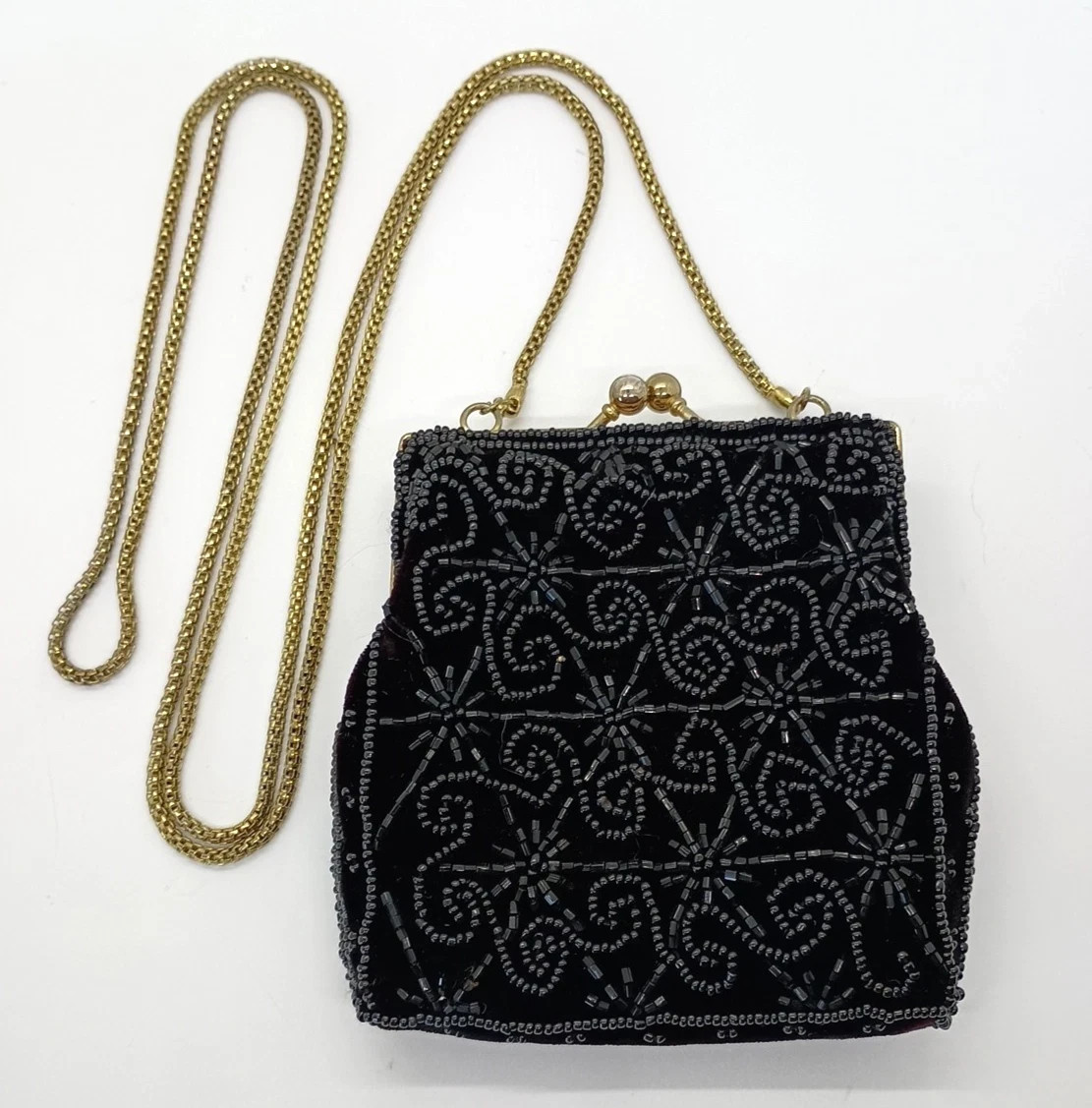 Vintage La Regale Black Beaded Velvet Purse Evening Bag Gold Metal