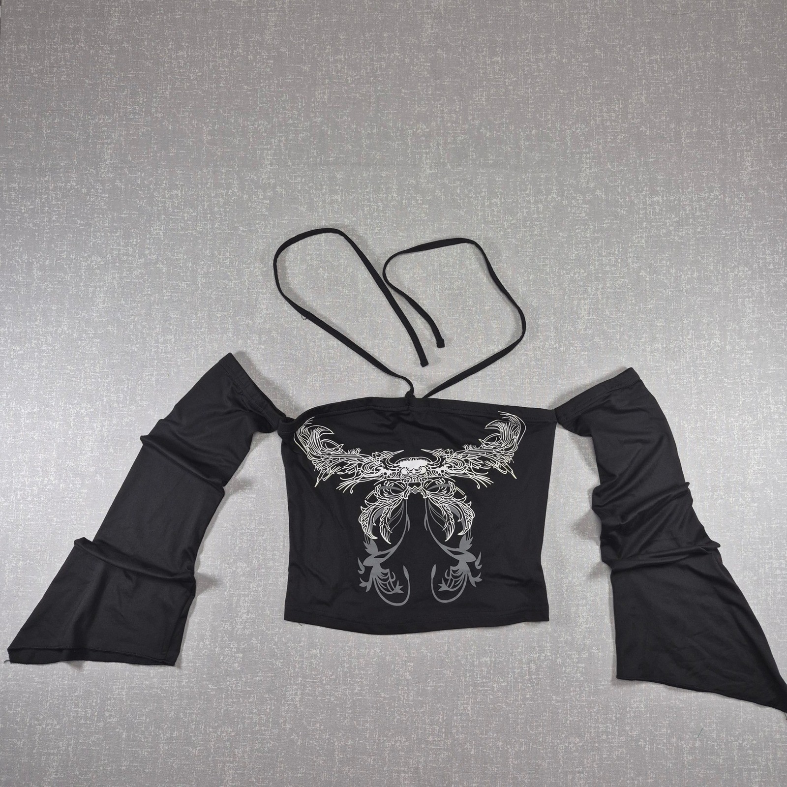 Romwe Black Cyber Y2K Graphic Halter Flared Sleeve Top Small Off Shoulders