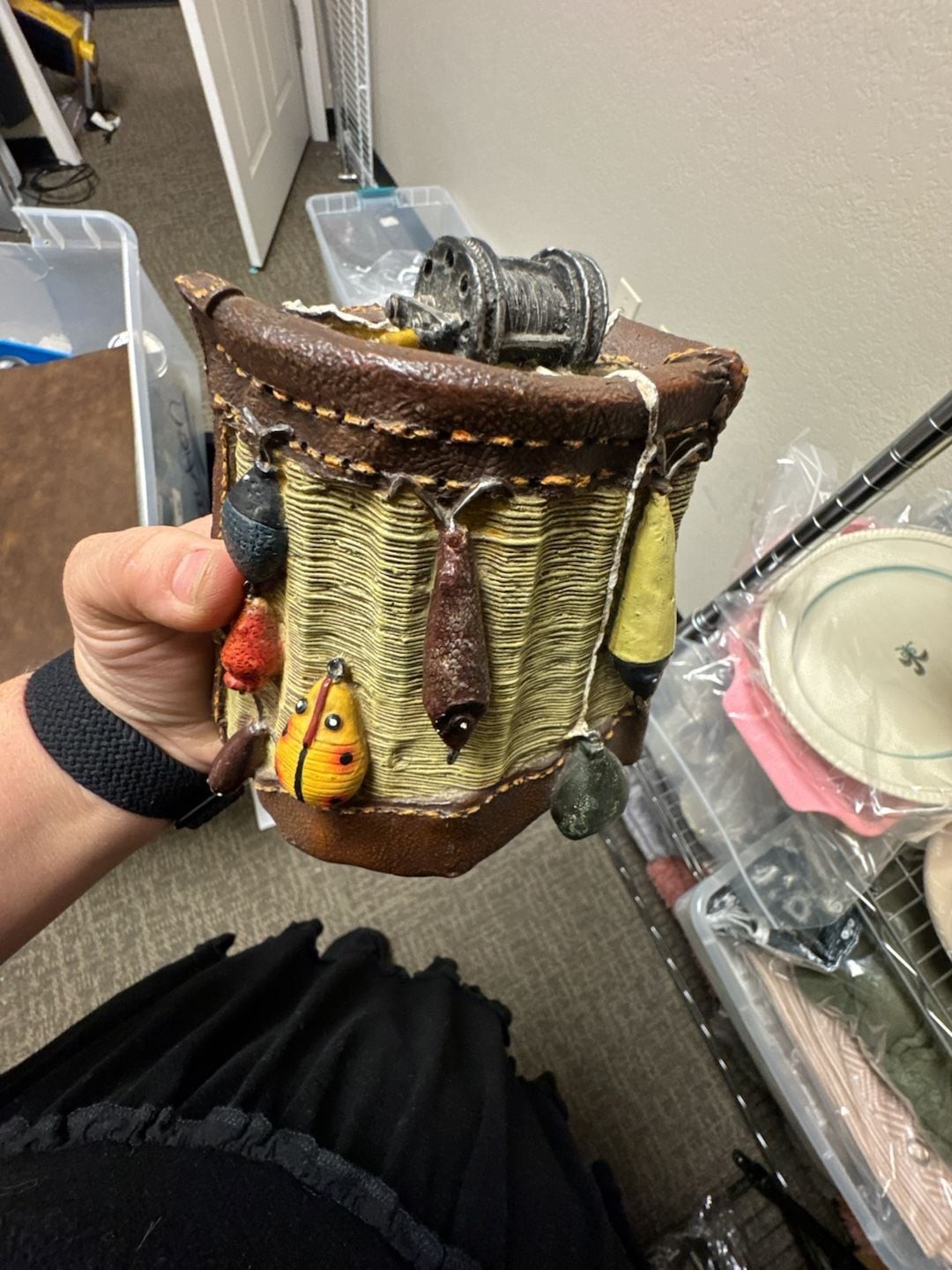 Rustic Fishing Creel Basket with Lures and Reel door stop or book end