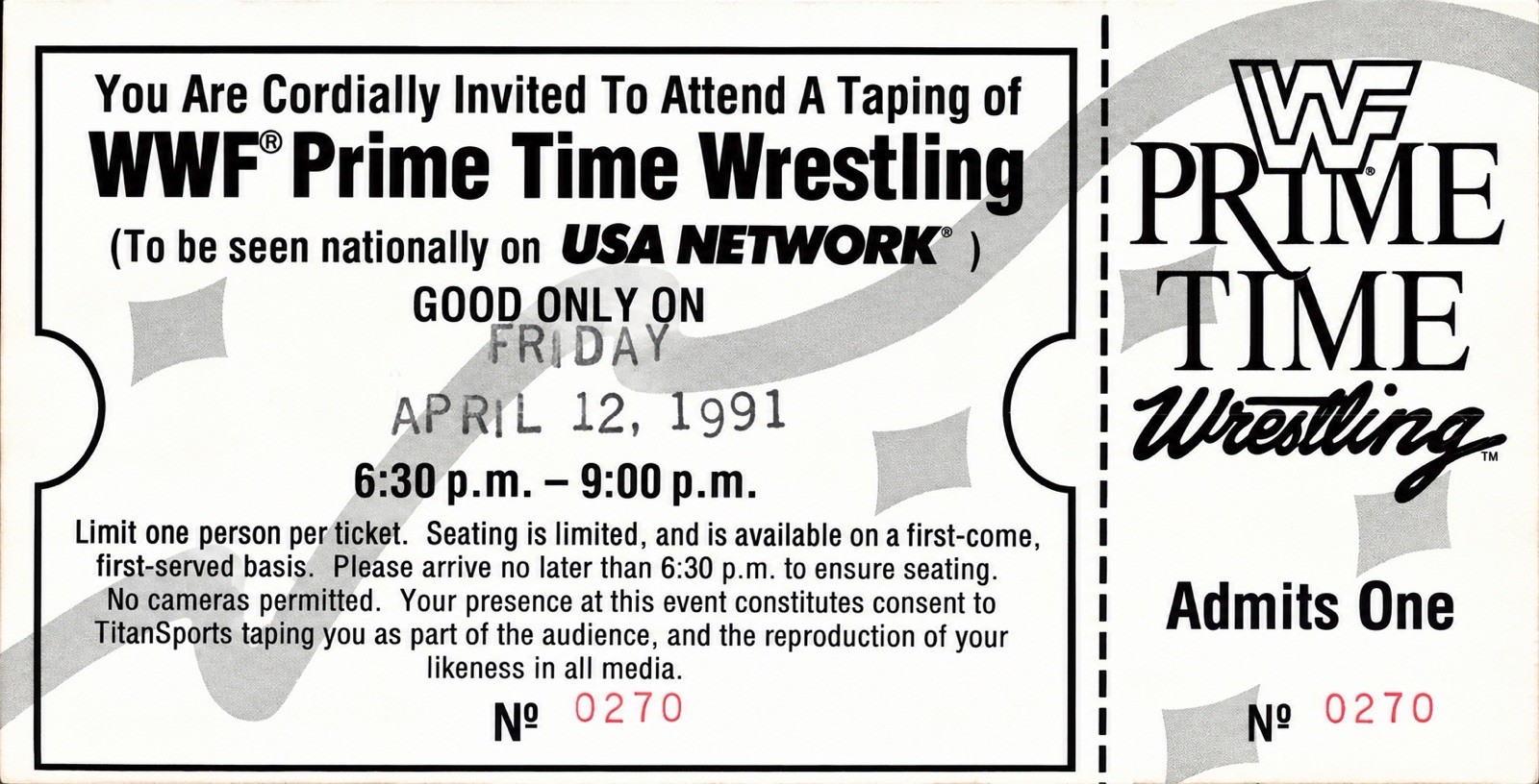Original WWF Prime Time Wrestling 91’ TitanSports UNTORN Studio Show FULL TICKET