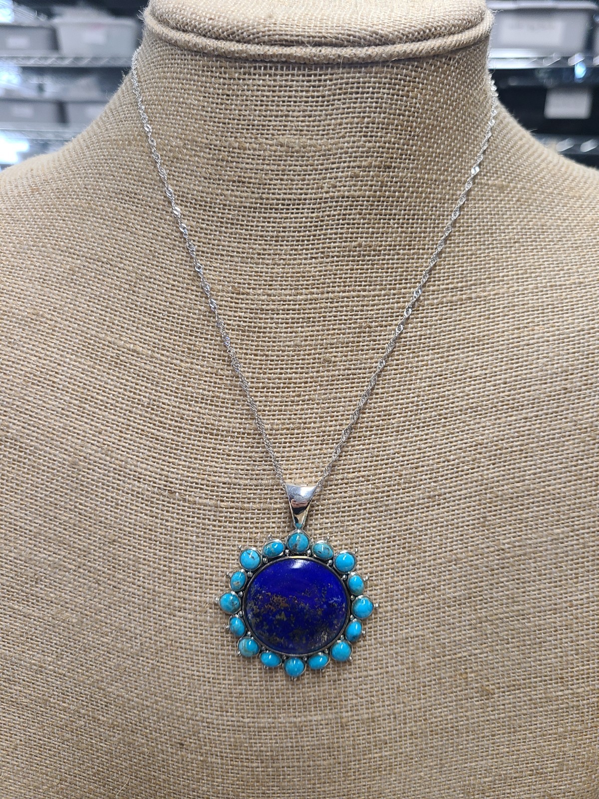 Lapis Lazuli & Composite Turquoise Sterling Silver Sun Enhancer Pendant With 18\