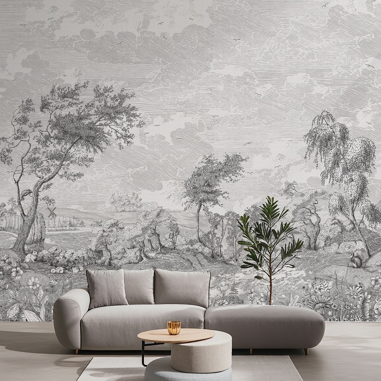 Retro Grey Forest Tree Peel And Stick Large Wall Mural 353.6*280cm PVC Wall Deco