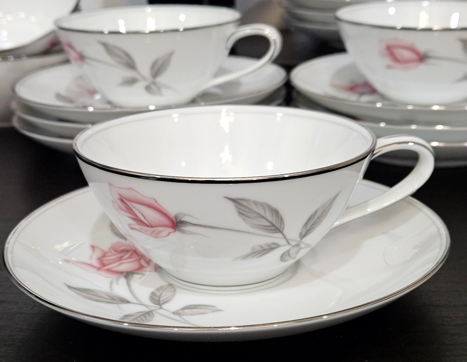 Noritake Rosemarie Tea Cups + Saucer Fine China Japan Set Twelve Silver Trim EUC