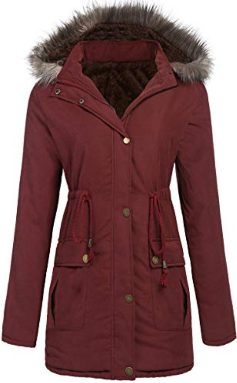 SoTeer Womens Hooded Parka Jacket Warm Winter Faux Fur Lined Long Coats Red
