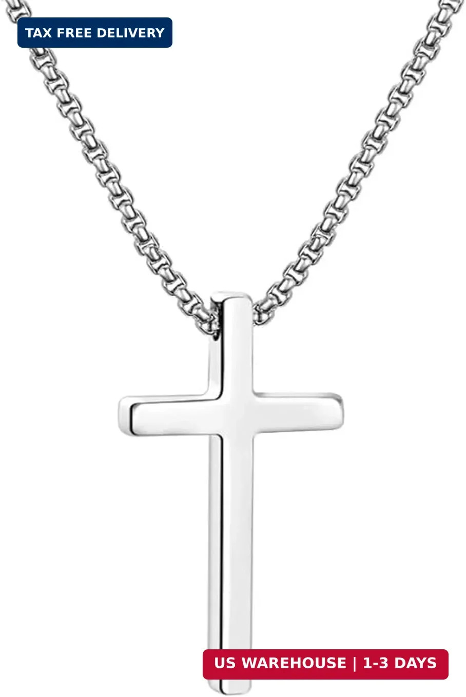 Cross Necklace for Men, Silver Stainless Steel Pendant Necklace, 24in