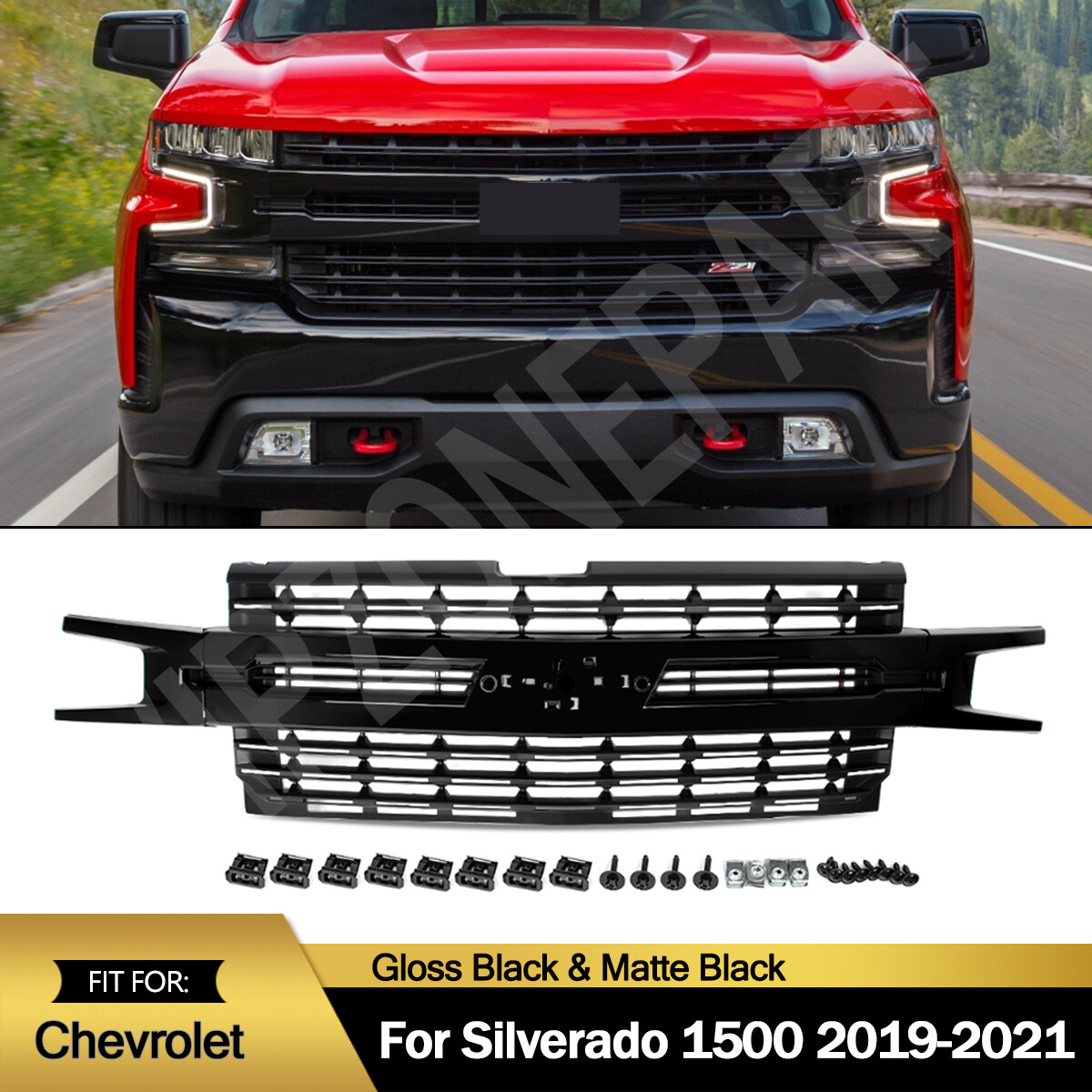 For 2019-2021 Chevy Silverado 1500 LT RST Front Bumper Grille Gloss Black Grill