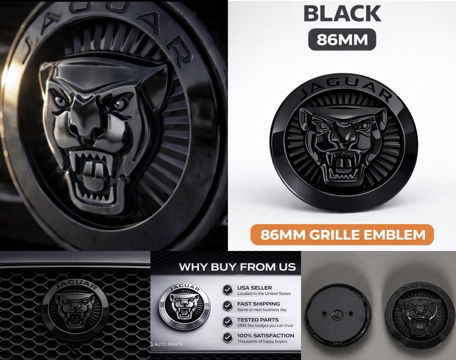 JAGUAR BLACK GROWLER GRILLE EMBLEM BADGE 86MM FRONT LOGO XF XJ F-TYPE F-PACE