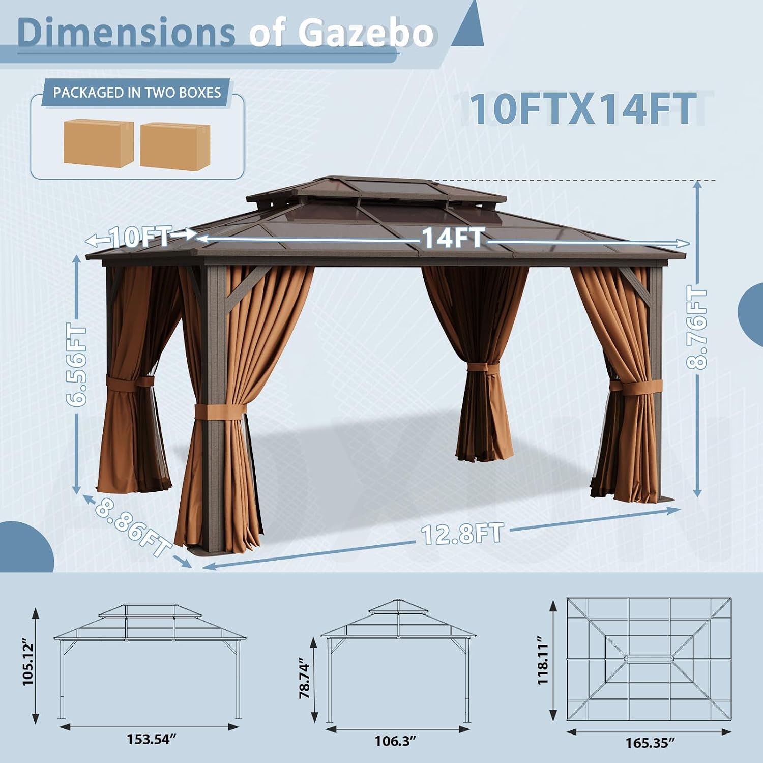 14\'x10\' 14x12ft Hardtop Gazebo Outdoor Double Top Canopy Aluminum Frame Pavilion
