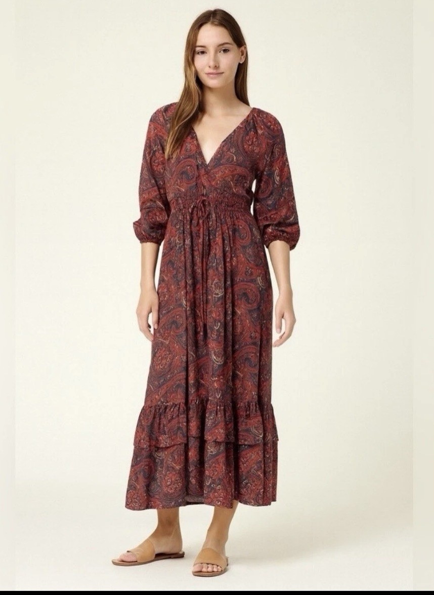Anthropology Boemo Boho Paisley Maxi Dress M Long Sleeve Faux Wrap Smocked Waist Anthropology Boemo Boho Paisley Maxi Dress M Long Sleeve Faux Wrap Smocked Waist