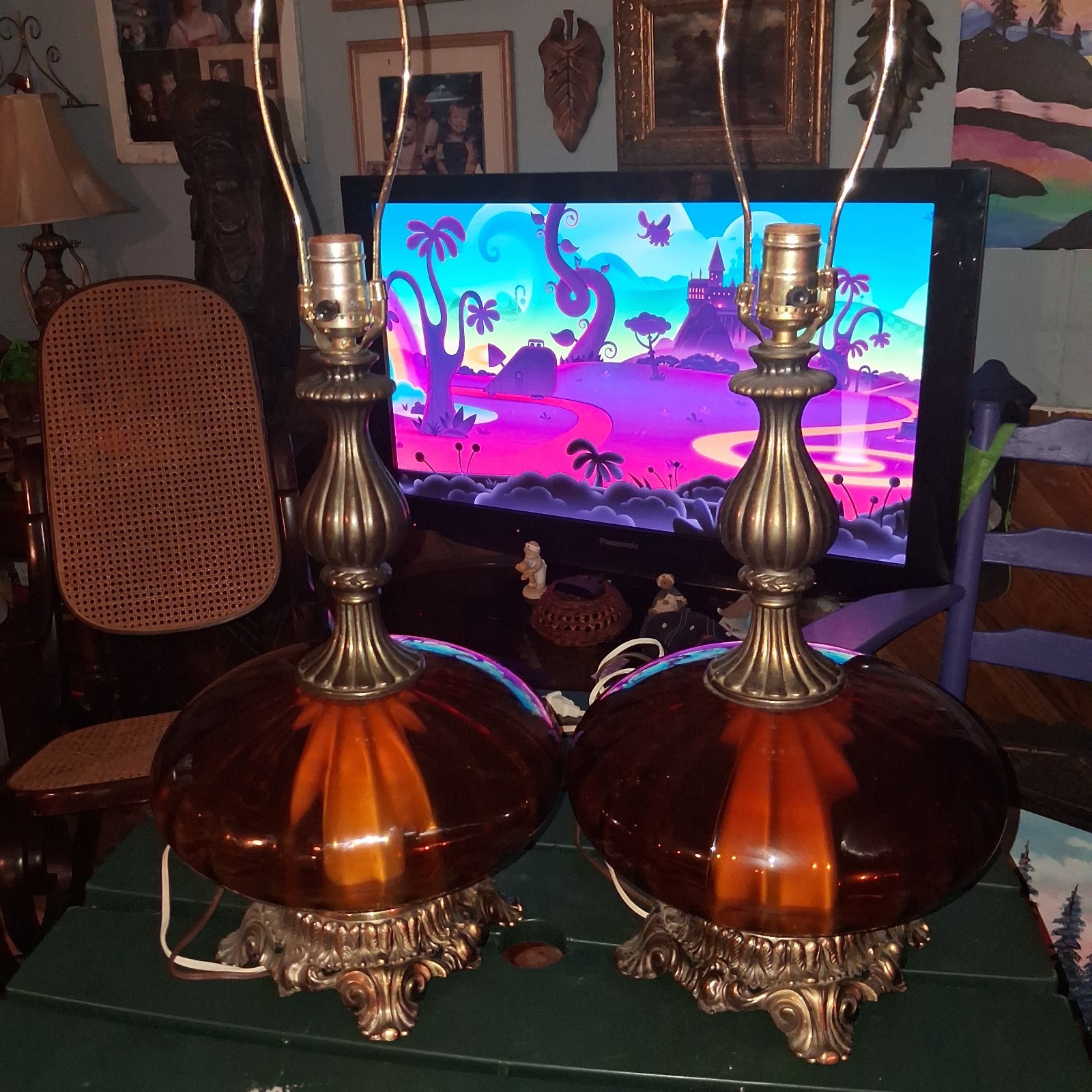 Vintage 1970s EF & EF Industries Amber Glass Lamps With Internal Night Lights Vintage 1970s EF & EF Industries Amber Glass Lamps With Internal Night Lights