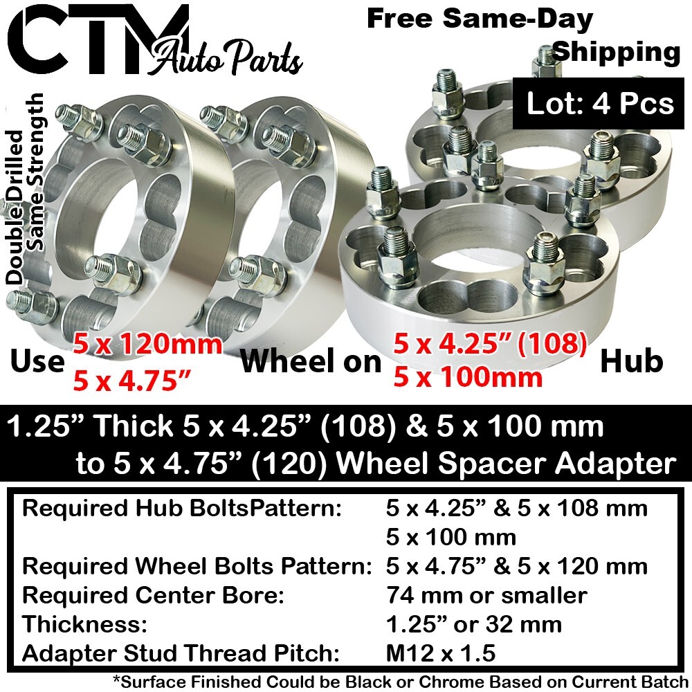 4x 1.25 Thick 5x4.25 to 5x4.75(120) Wheel Spacer Adapter Land RoverJaguar &More