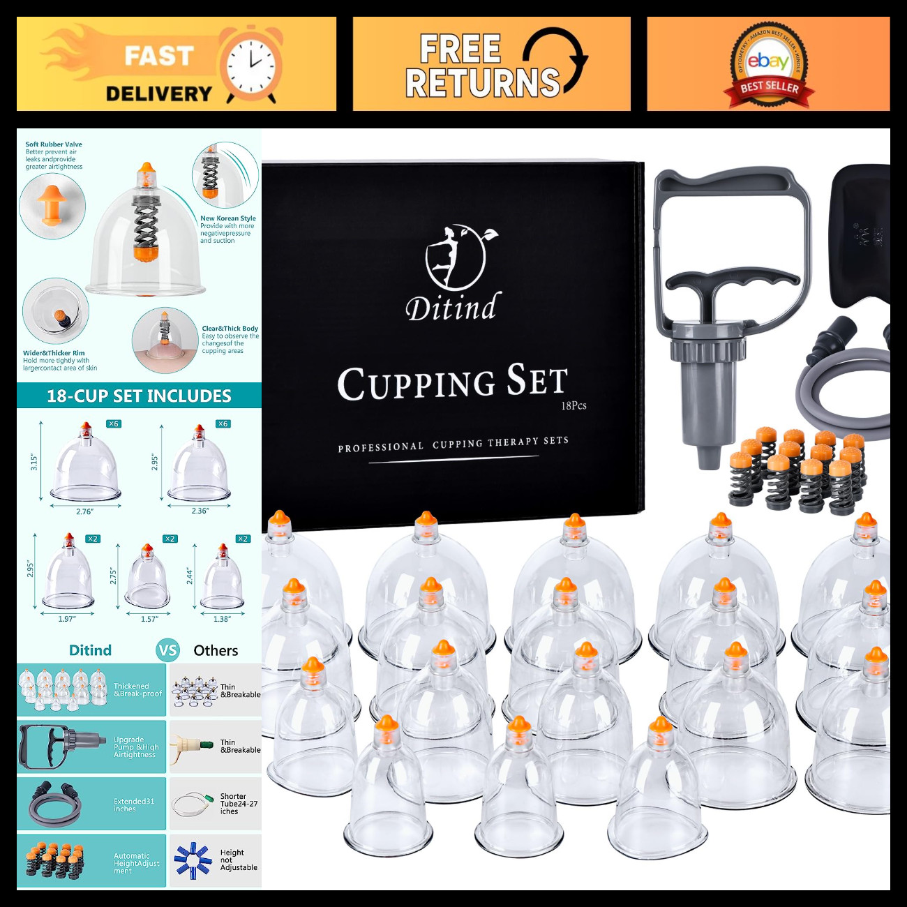 18 Pcs Cupping Therapy Set - Professional Massage Kit, Portable Suction Cups for