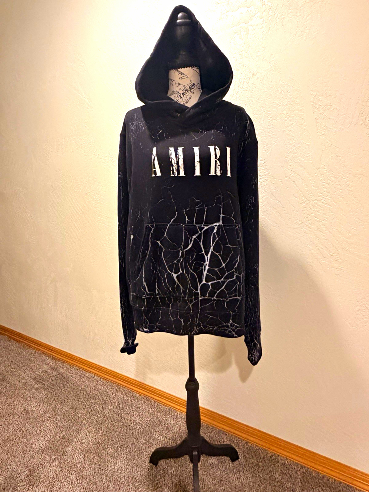AMIRI Black Pullover Hoodie White Crackle Logo Graphic Print Pockets XL