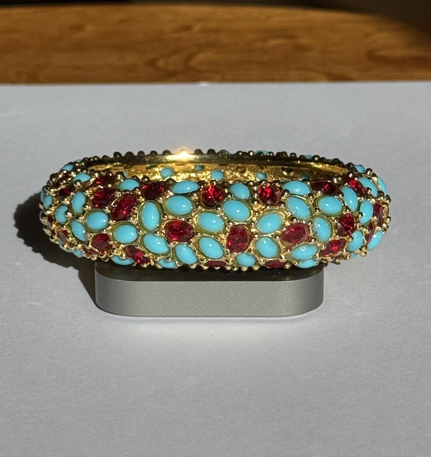 Vintage Kenneth Jay Lane Turquoise Red Cabochon Hinged Bangle