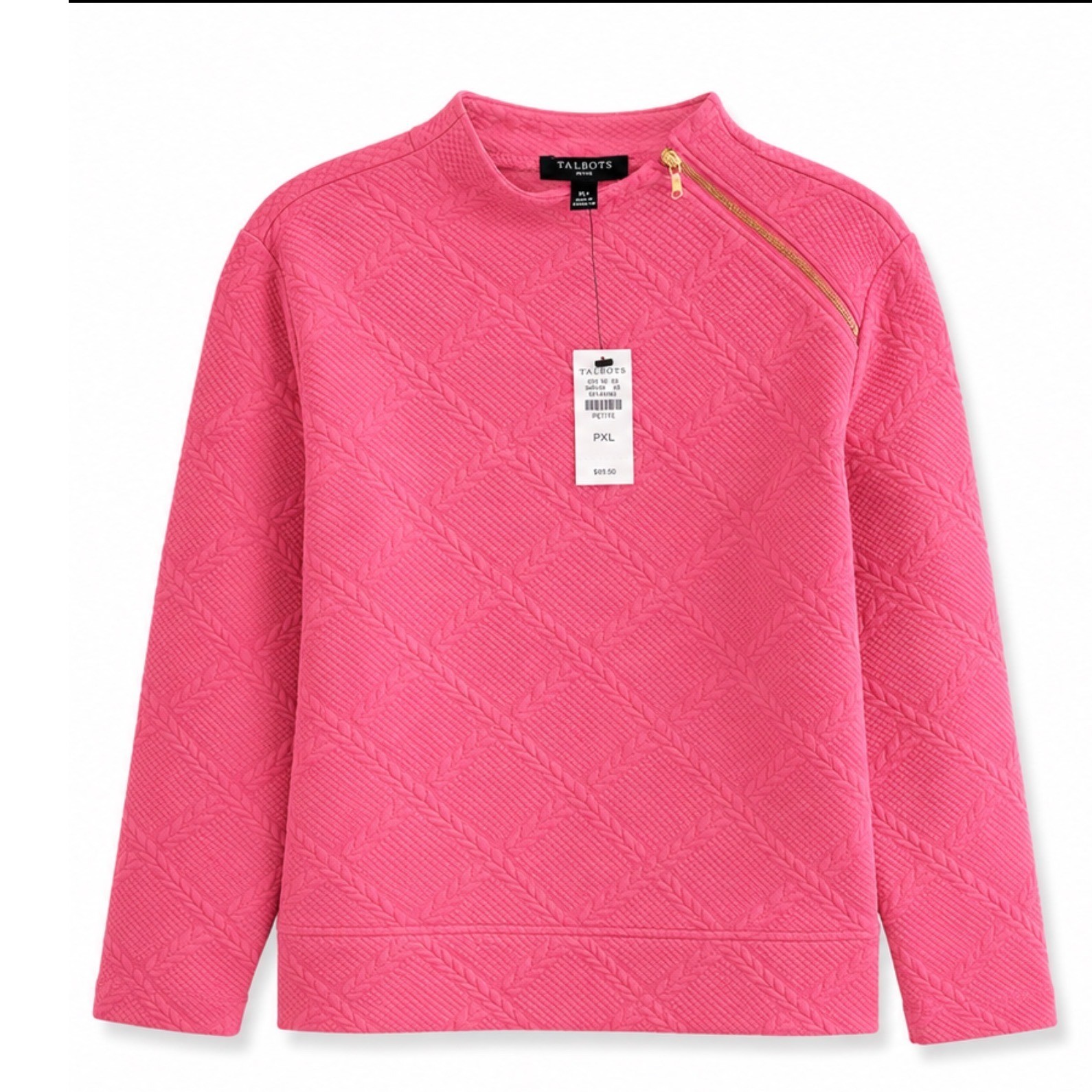 Talbots Petite Pink Quilted Cable Texture Shoulder Zip Pullover Top PXL New Talbots Petite Pink Quilted Cable Texture Shoulder Zip Pullover Top PXL New