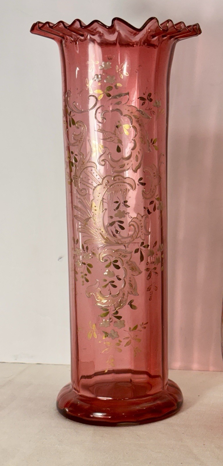 19thC  Moser Cylinder Style Blown Cranberry Glass Vase Enamel Gold Gilded 12”