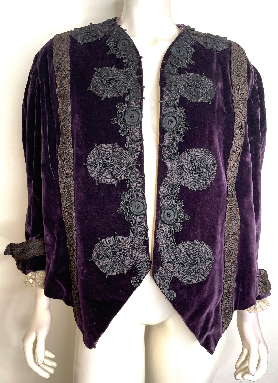Antique Purple Velvet Victorian Jacket S M Ribbon Lace Trim Edwardian Silk