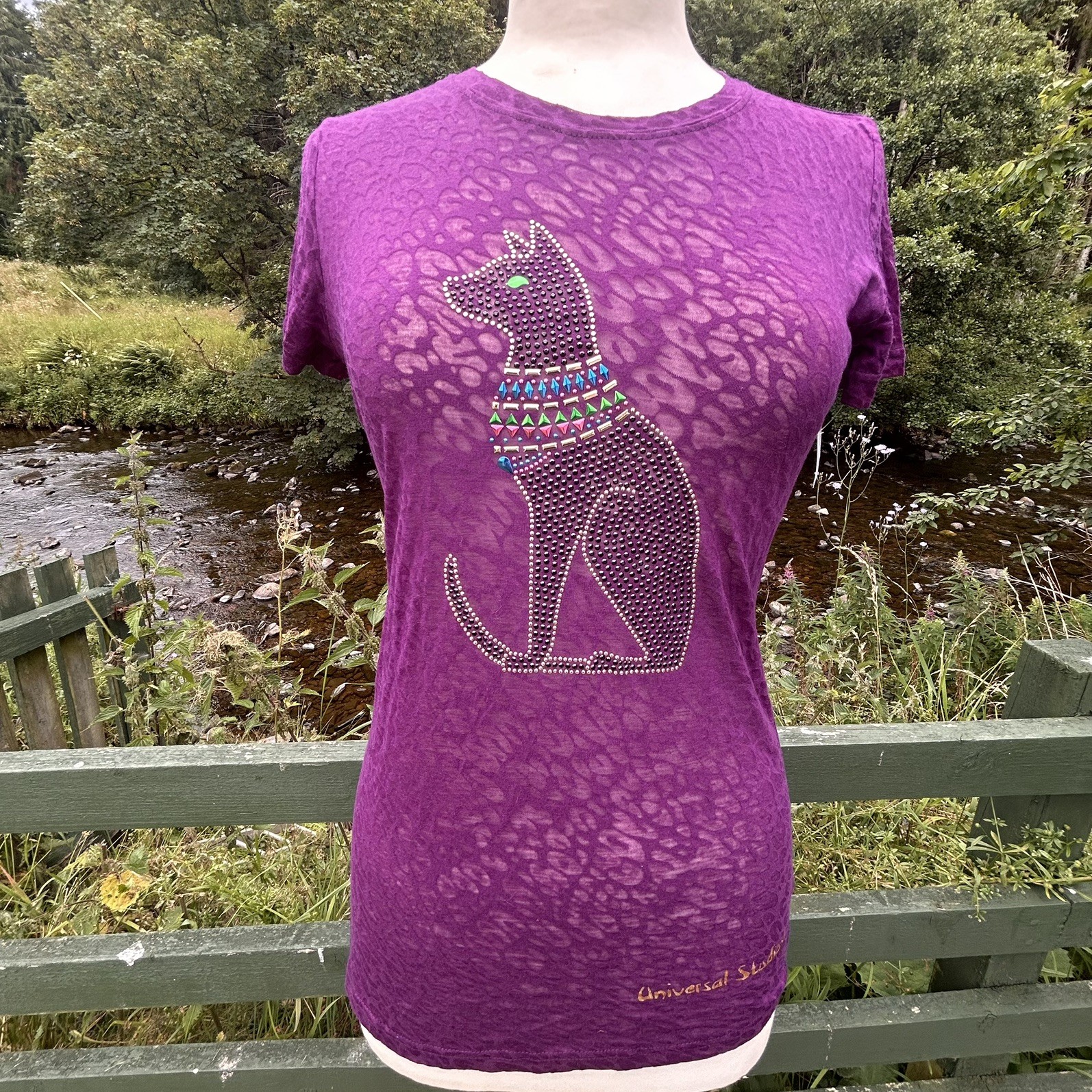 BNWT Universal Studios Burnout T Shirt Rhinestones Purple Graphic Egyptian Cat 