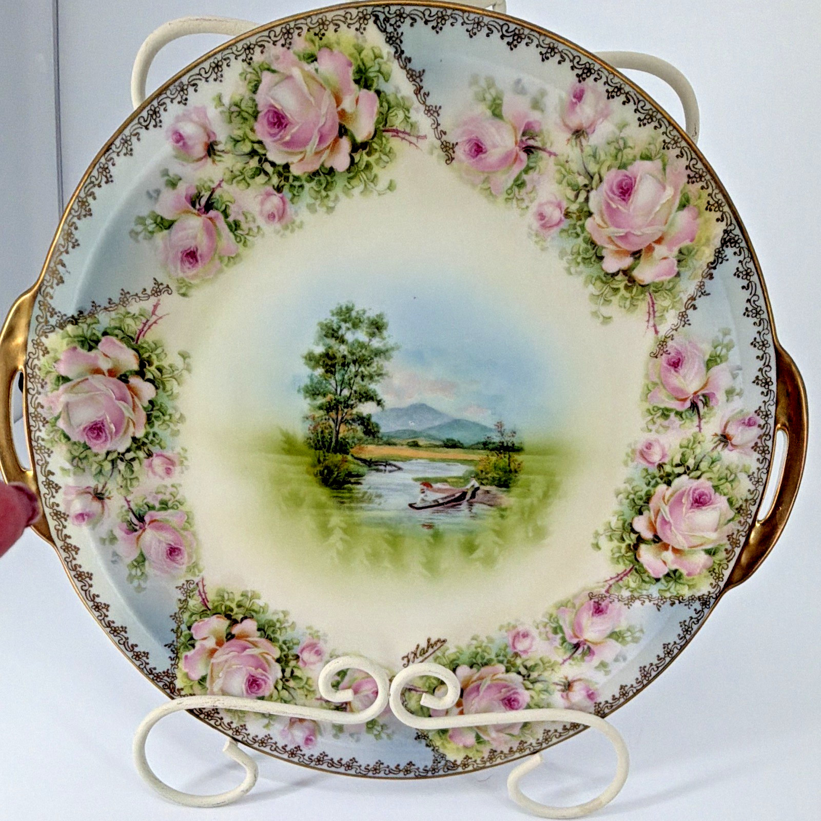 Antique Royal Rudolstadt Beyer & Bock Handled Plate Rose Landscape Signed J Hahn