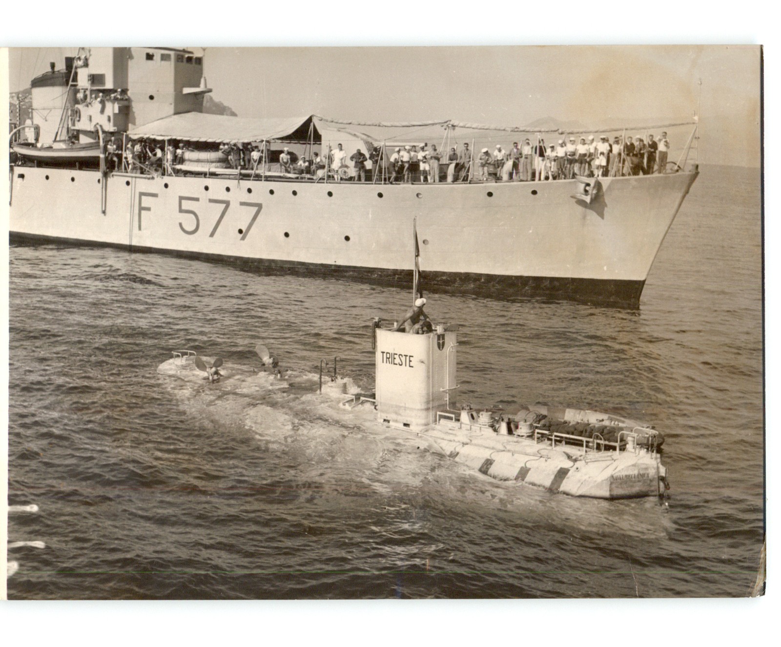 Corvette Fenice Joins Bathyscaphe Trieste After Dive 1956 Italian Press Photo Corvette Fenice Joins Bathyscaphe Trieste After Dive 1956 Italian Press Photo