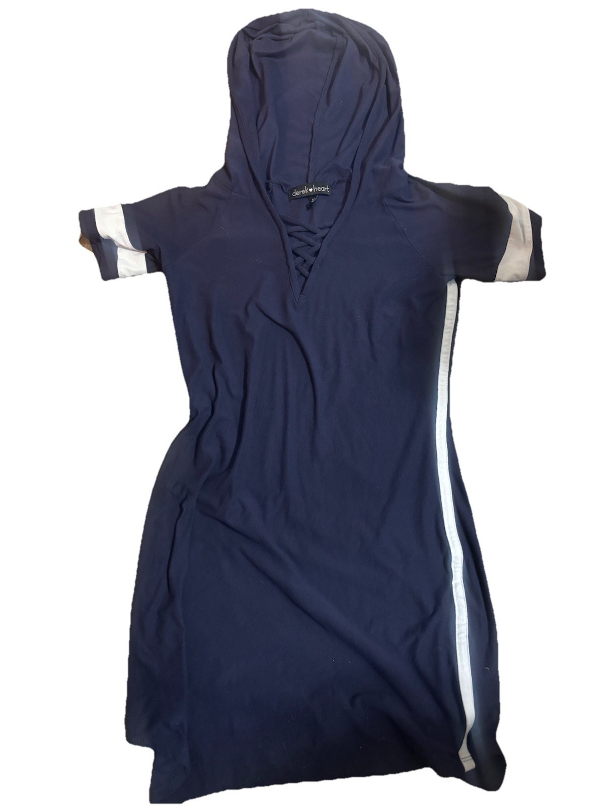 Derek Heart Navy Blue hoodie Tunic Top Womens M Lace-Up V-Neck Short Sleeve