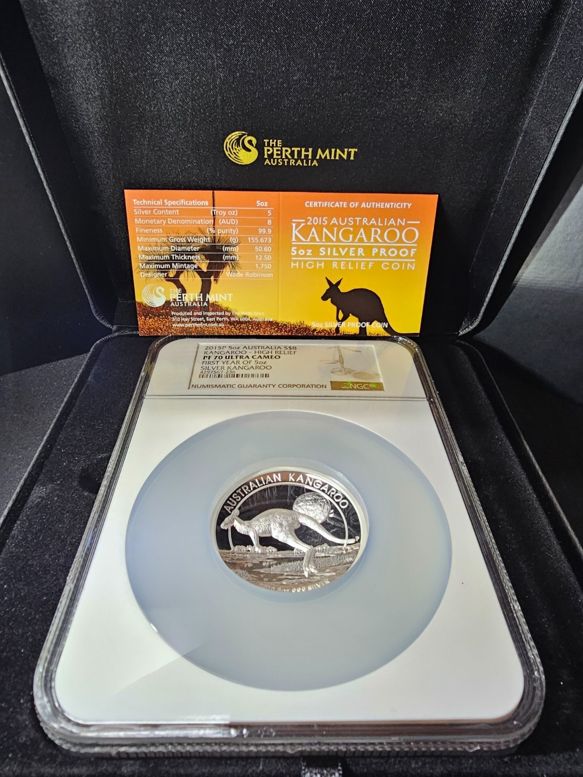 2015-P $8 Australia 5oz Silver Kangaroo High Relief NGC PF70 Ultra Cameo COA Box