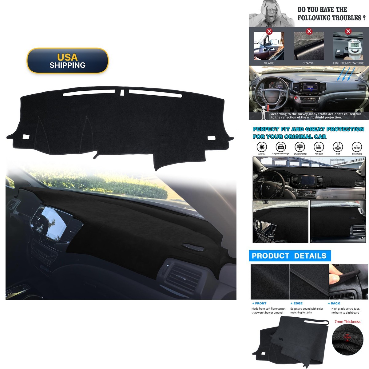 Puxhig Dash Cover for Honda Pilot 2016-22 Ridgeline 2017-25 Passport 2019-25