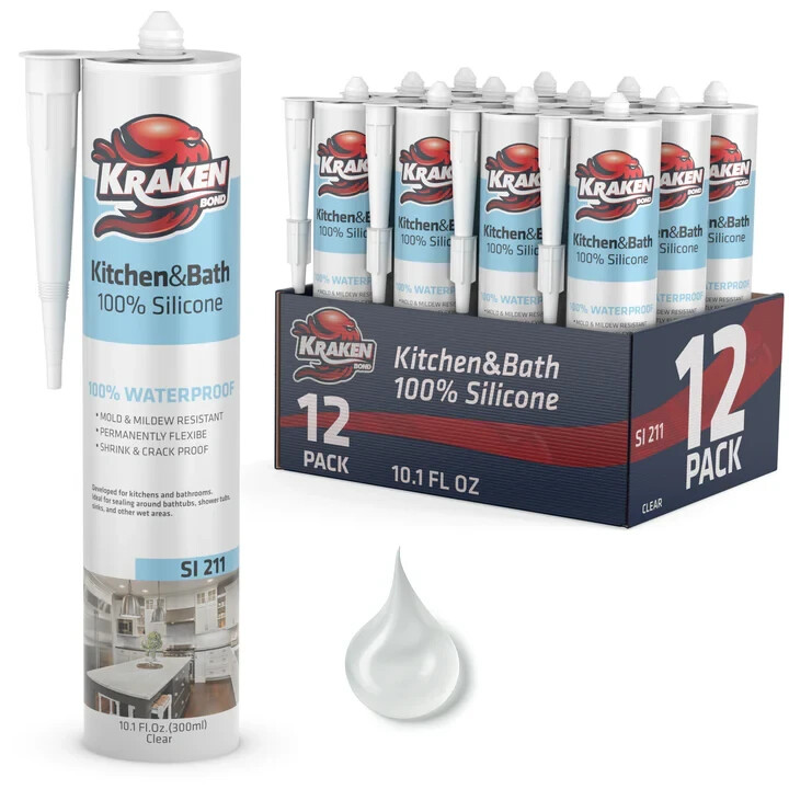 Kraken Kitchen & Bath 100% Waterproof Silicone Sealant Caulk Clear 10.1 oz 12 Pk