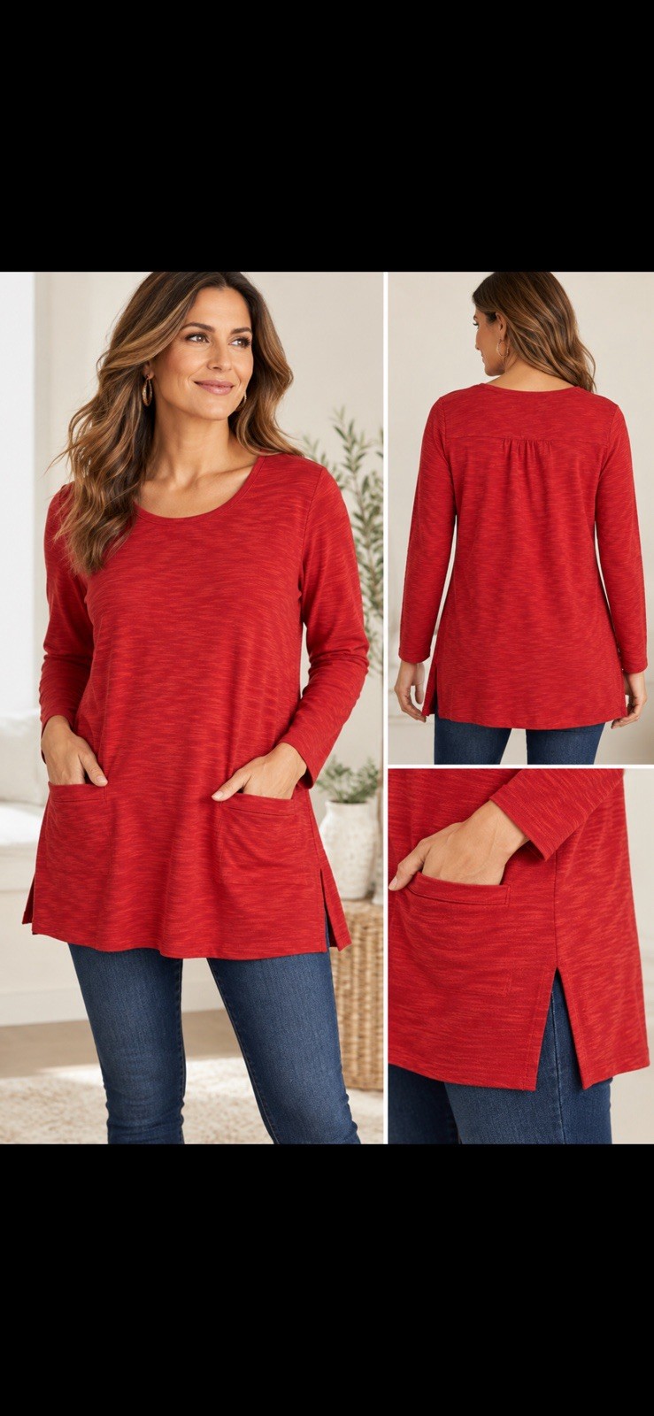 J.Jill Women’s M Red Cotton Slub Knit Tunic Top Long Sleeve Pockets Boho Casual