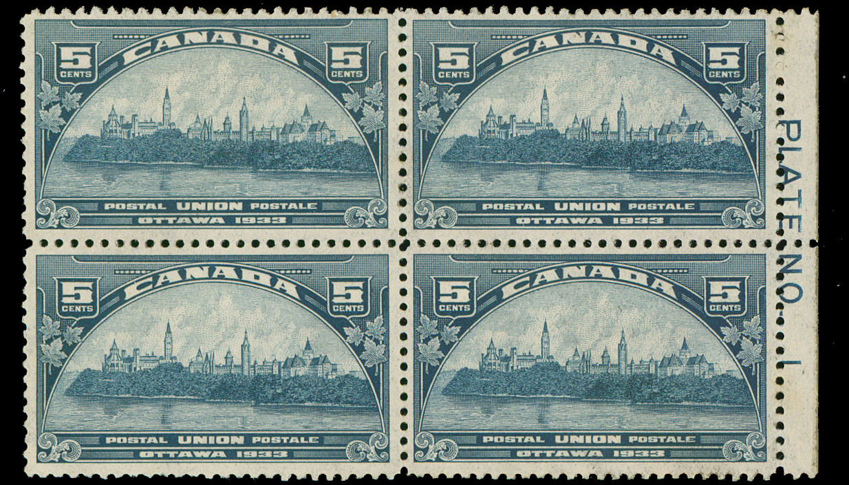 Canada Scott 202, 5 Cent Dark Blue, Mint Lightly Hinged, Plate Block, F-VF