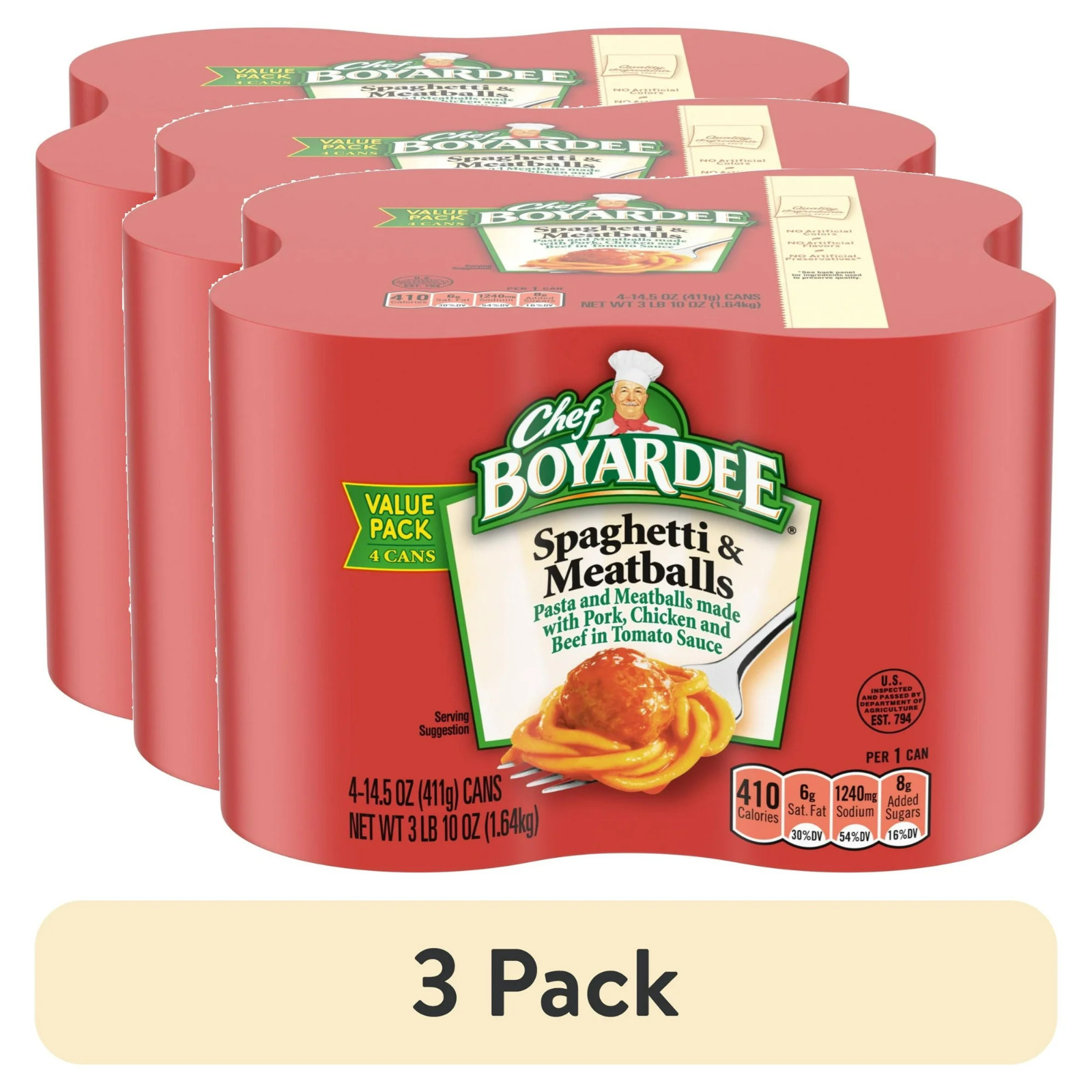 (3 pack) Chef Boyardee Spaghetti and Meatballs, Microwave Pasta, 4 Pack, 14.5 oz