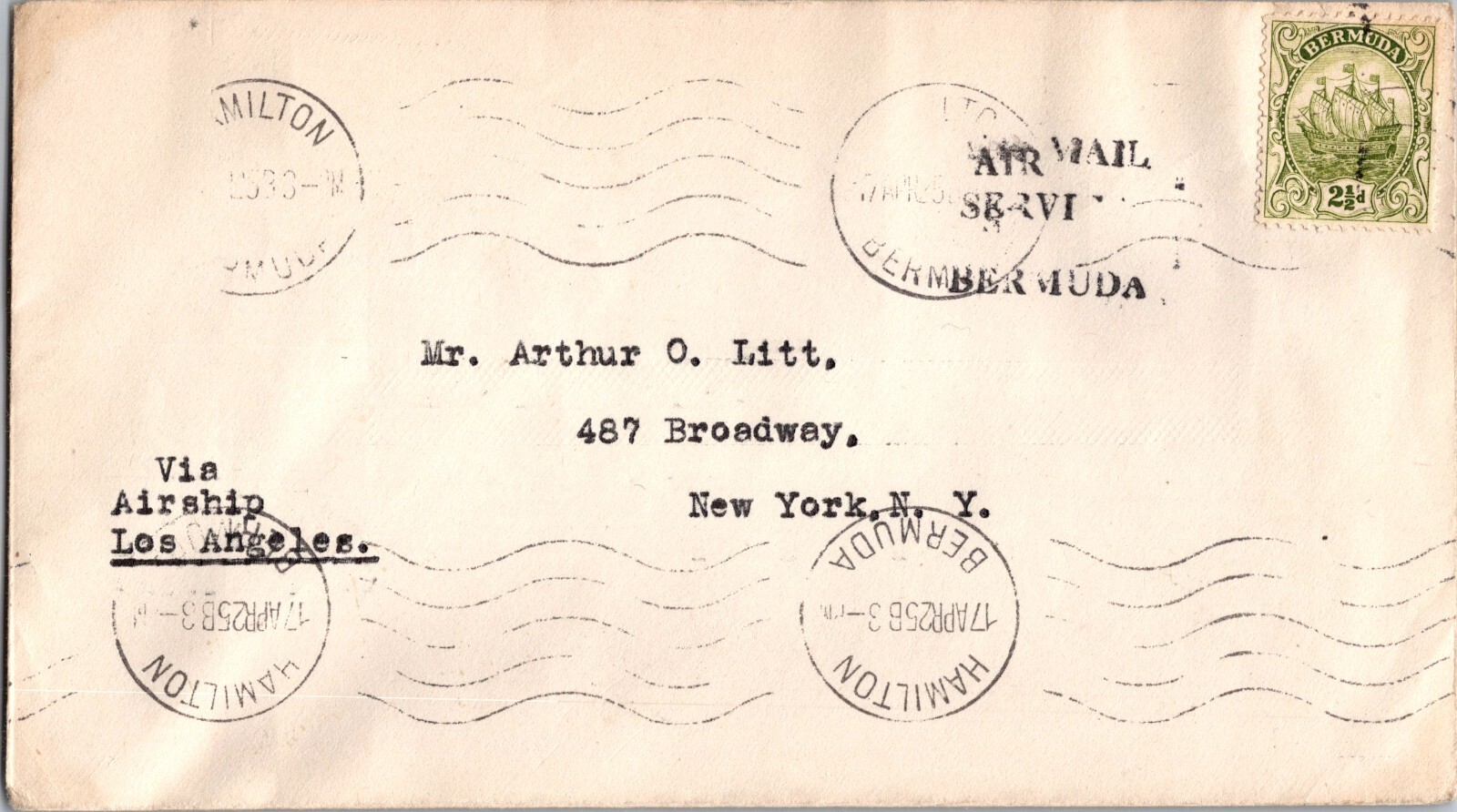 1925 Bermuda Hamilton USS Los Angeles Zeppelin Mail Cover to USA New York