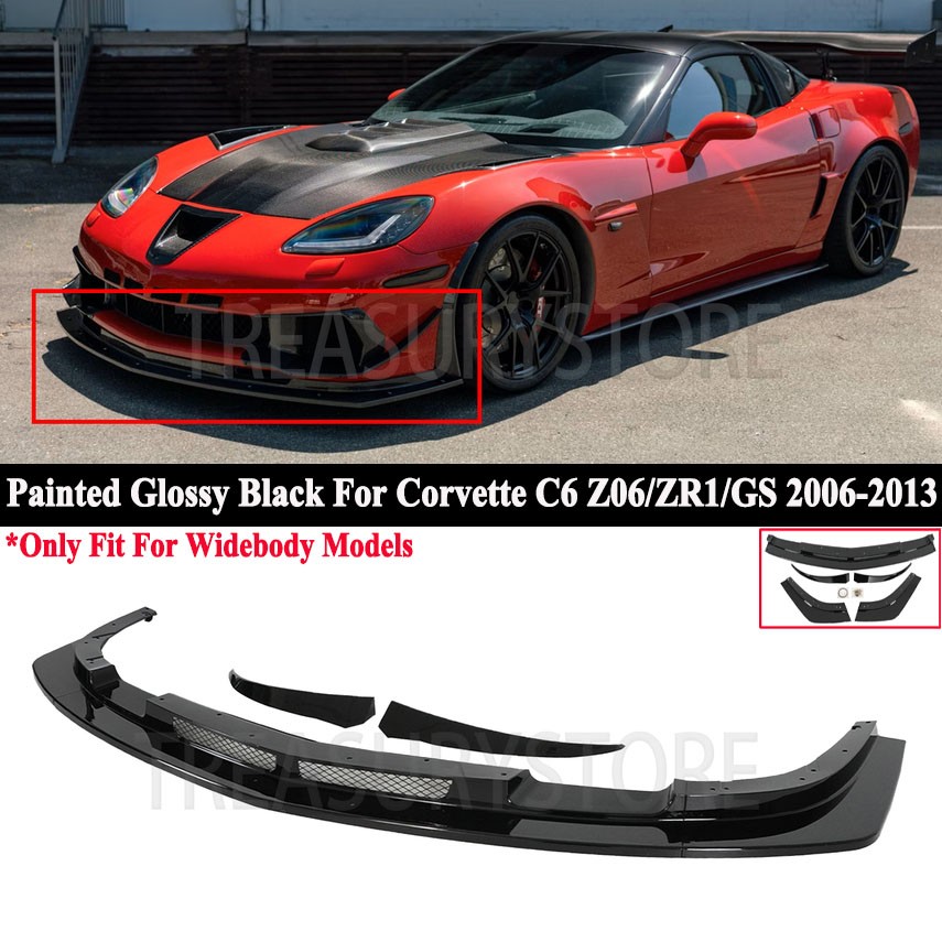 For Corvette C6 Z06 06-2013 Gloss Black TK Style Front Bumper Splitter & Winglet