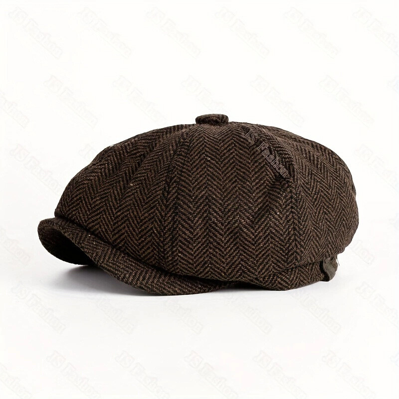 Vintage Street Style Beret with Herringbone Tweed Pattern Cotton Solid Colour
