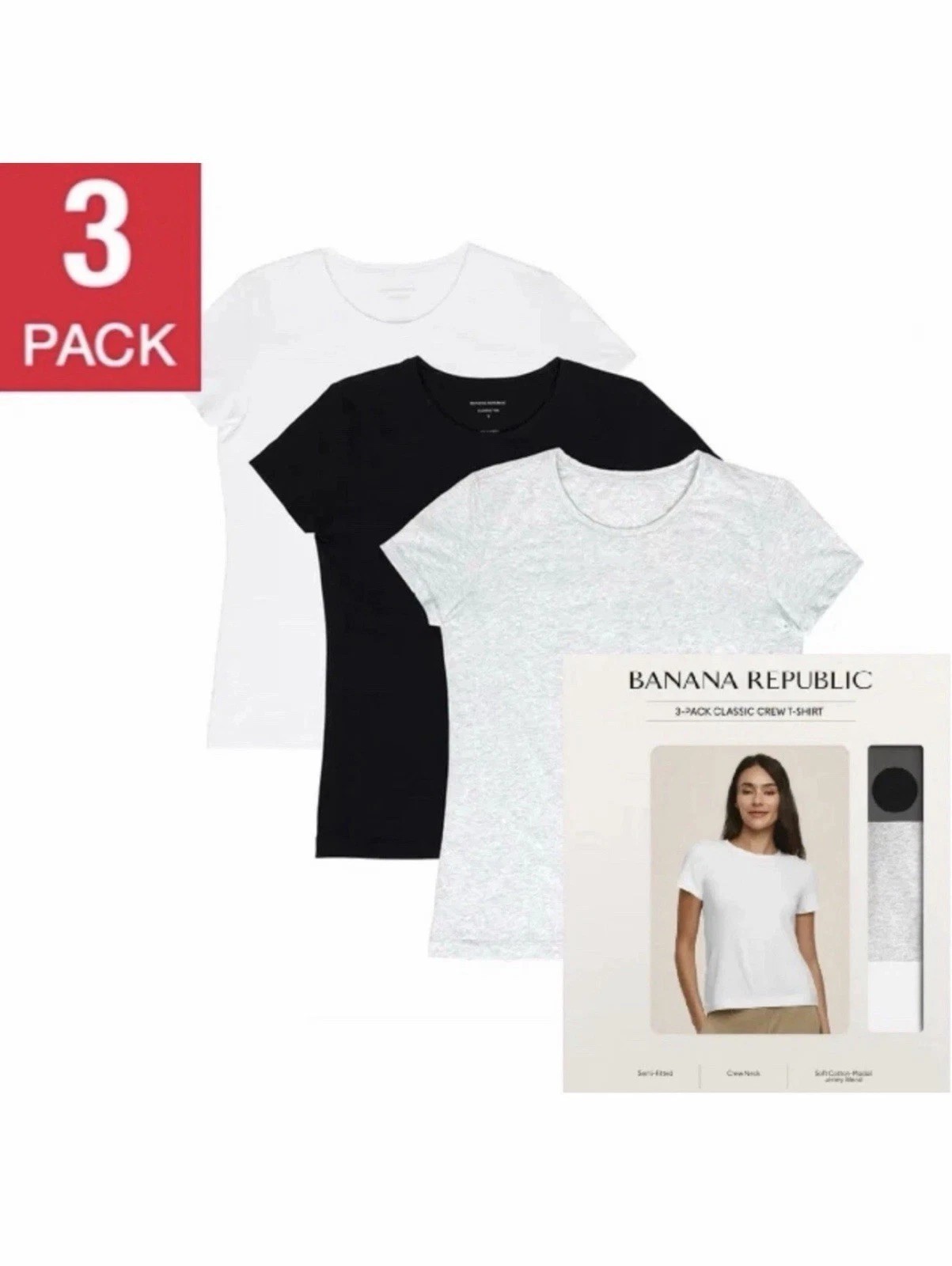New Banana Republic Women\'s Short Sleeve Crew Neck Tee 3-Pack,Blk/Wht/Gray Sizes
