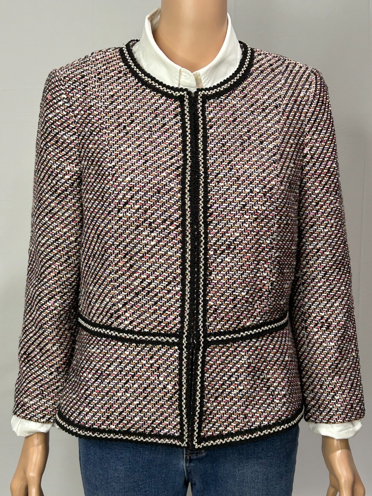 Talbots Grosgrain Trim Tweed Jacket Blazer Women\'s 10P Black Pink Work or Play