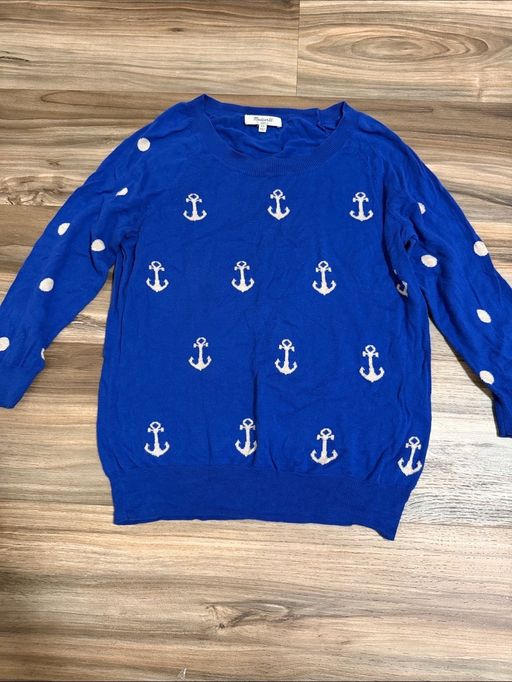 Madewell Sz. XS Anchors Dots Pullover Crewneck Sweater 3/4 Sleeve Blue Nautical