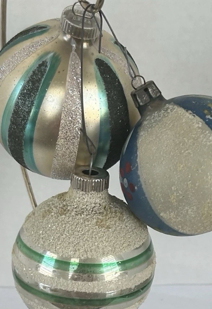 3 VTG Green Silver Blue Mica Mercury Glass Christmas Ornaments Shiny Brite