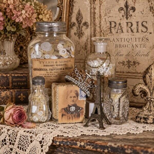Inspired French Styling Vignette Antique Vintage Buttons Apothecary Collection
