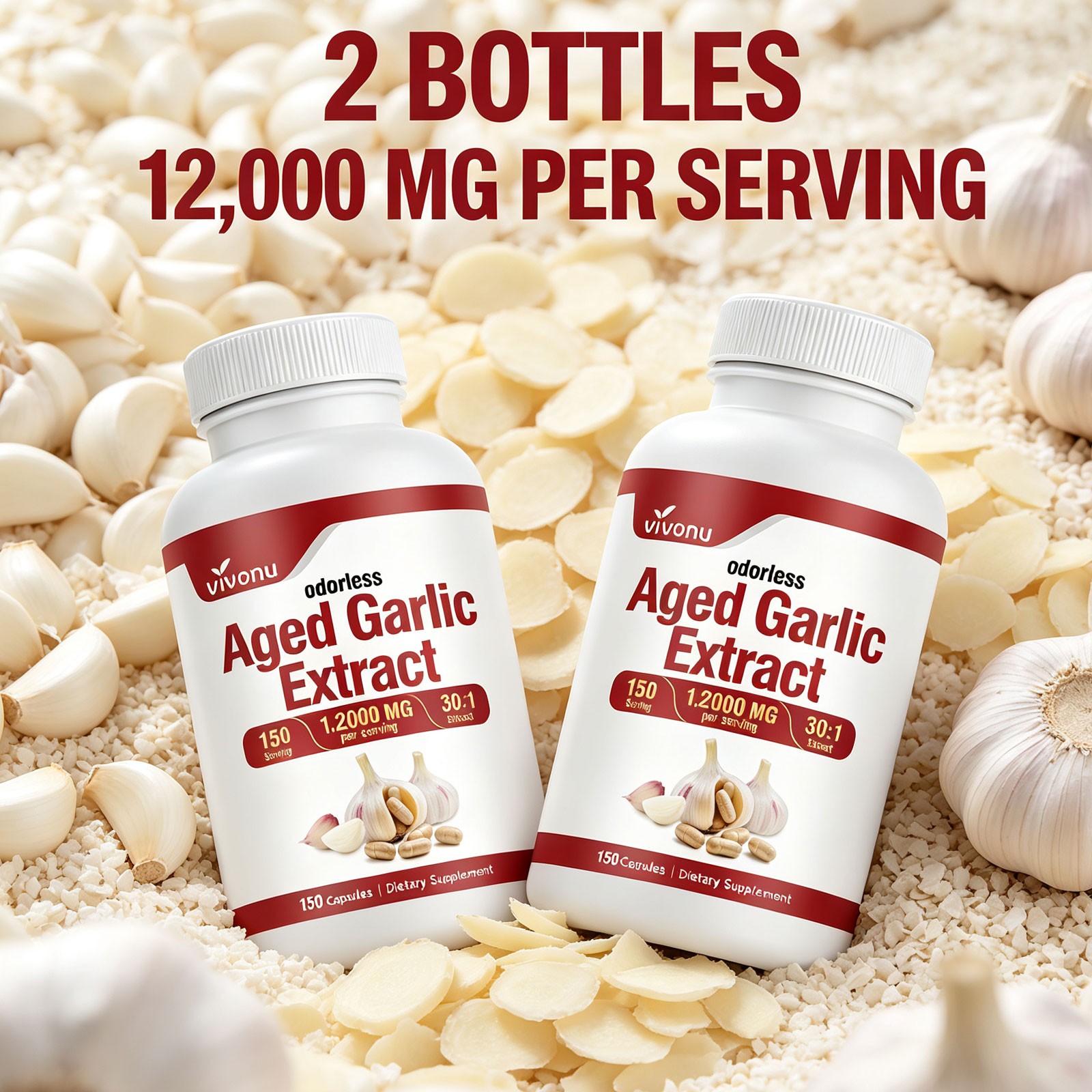 VivoNu Odorless Aged Garlic Extract 12000mg 30:1 Adult Daily Wellness Support