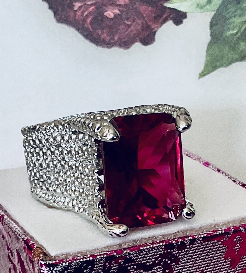 RUBY RING - Lab Created - 16X13mm Or 10.5ctw - SILVER SETTING 