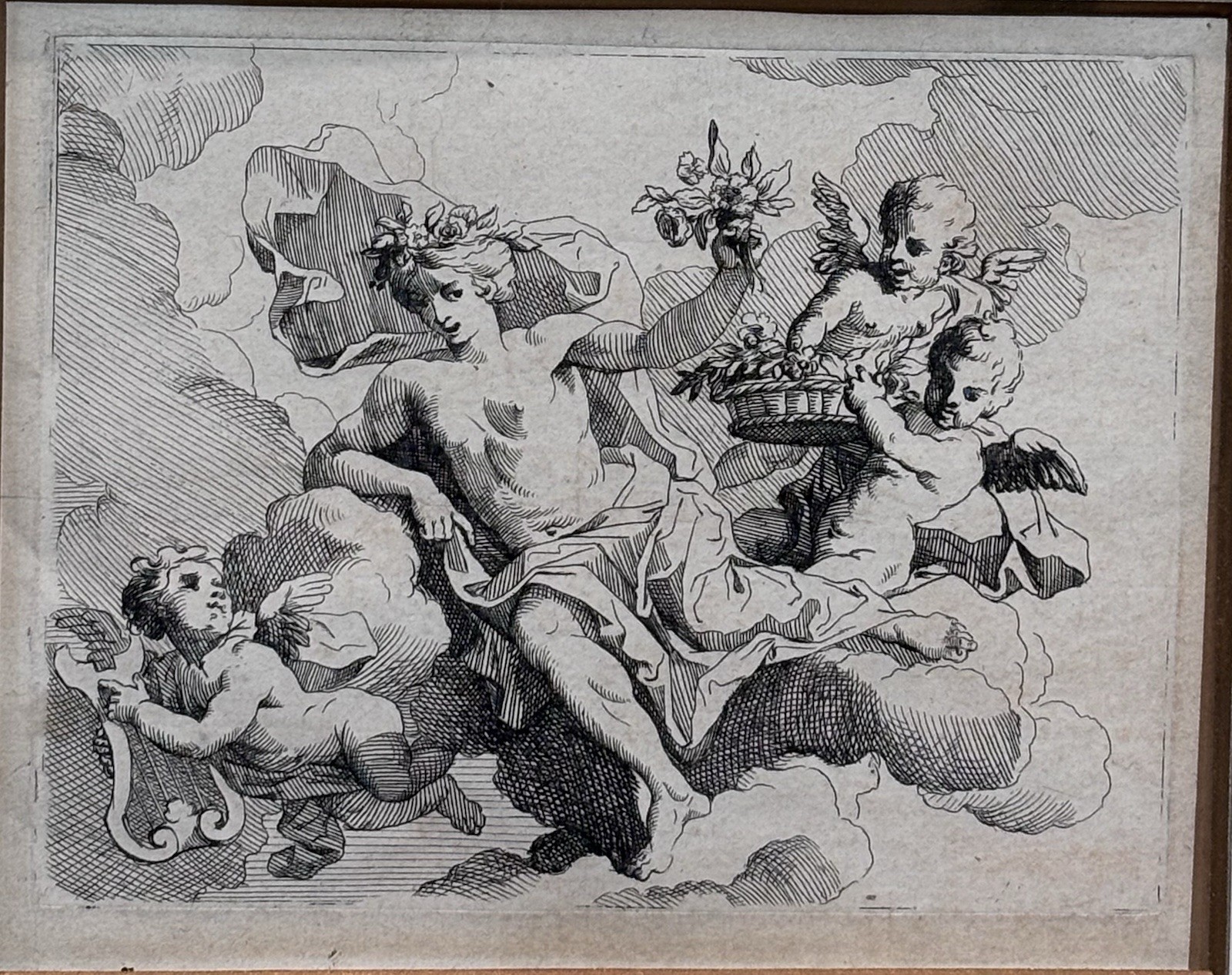 Antique 18th Century Engraving Flora Goddess Cherubs Putti Flowers c.1750